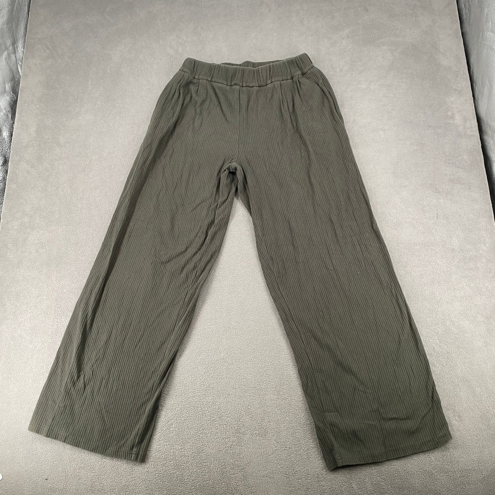 Bohme Ribbed Knit Wide Leg Pants Olive Green High Rise Lounge Trousers Medium